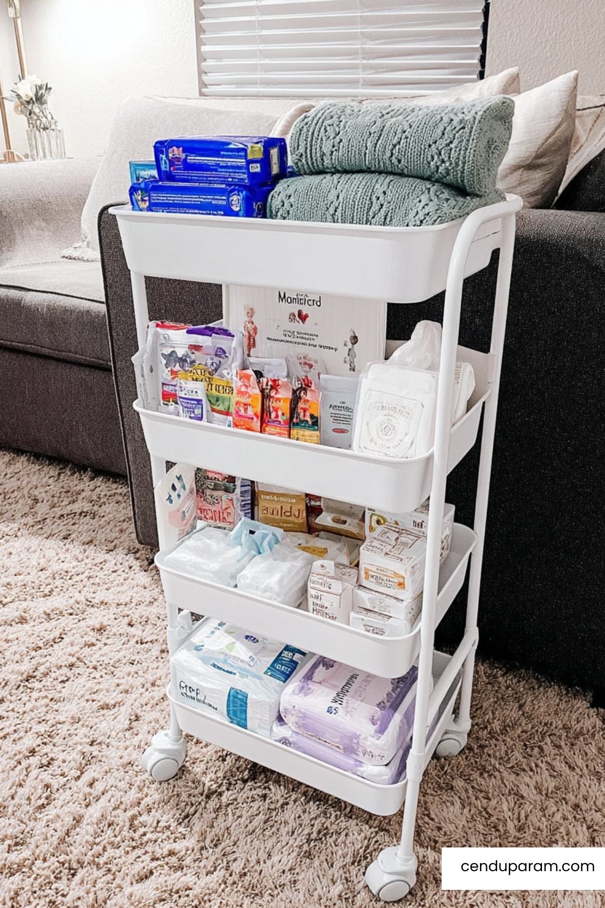 a rolling cart full of baby diaper changing essentials like diapers, wipes, vaseline,creams, burp clothes and more