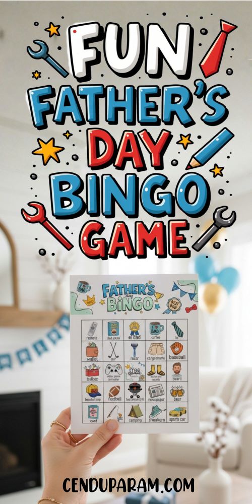 a hand is holding up a Father's Day Bingo Game card and title reads fun father's day bingo game