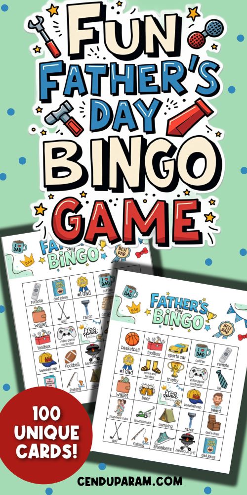 mock up of fun Father's Day Bingo cards on green/blue background