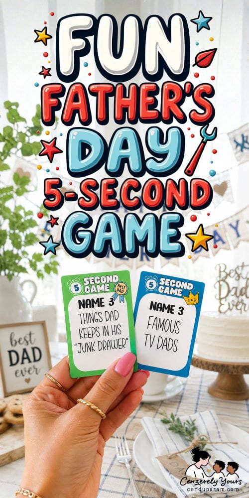 a woman's hand is holding up Father's day 5 second game cards