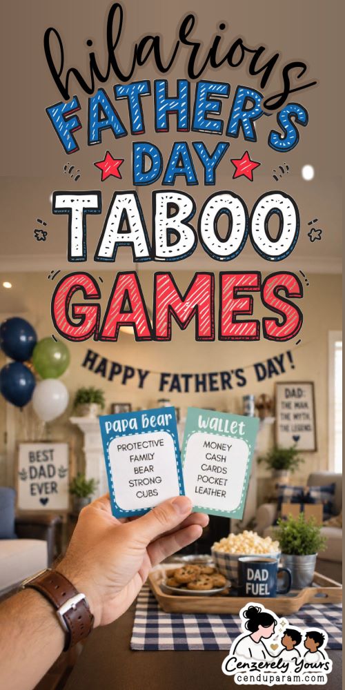 a man's hand is holding up Father's Day taboo game cards and the background is a father's day party in a nice living room