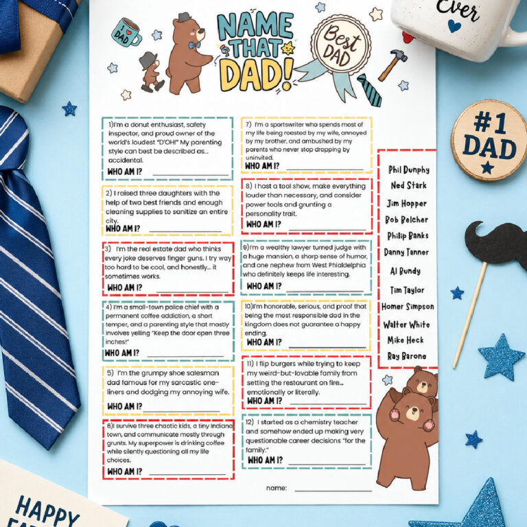 cute and festive flat lay of TV Dad Trivia game for father's day fun