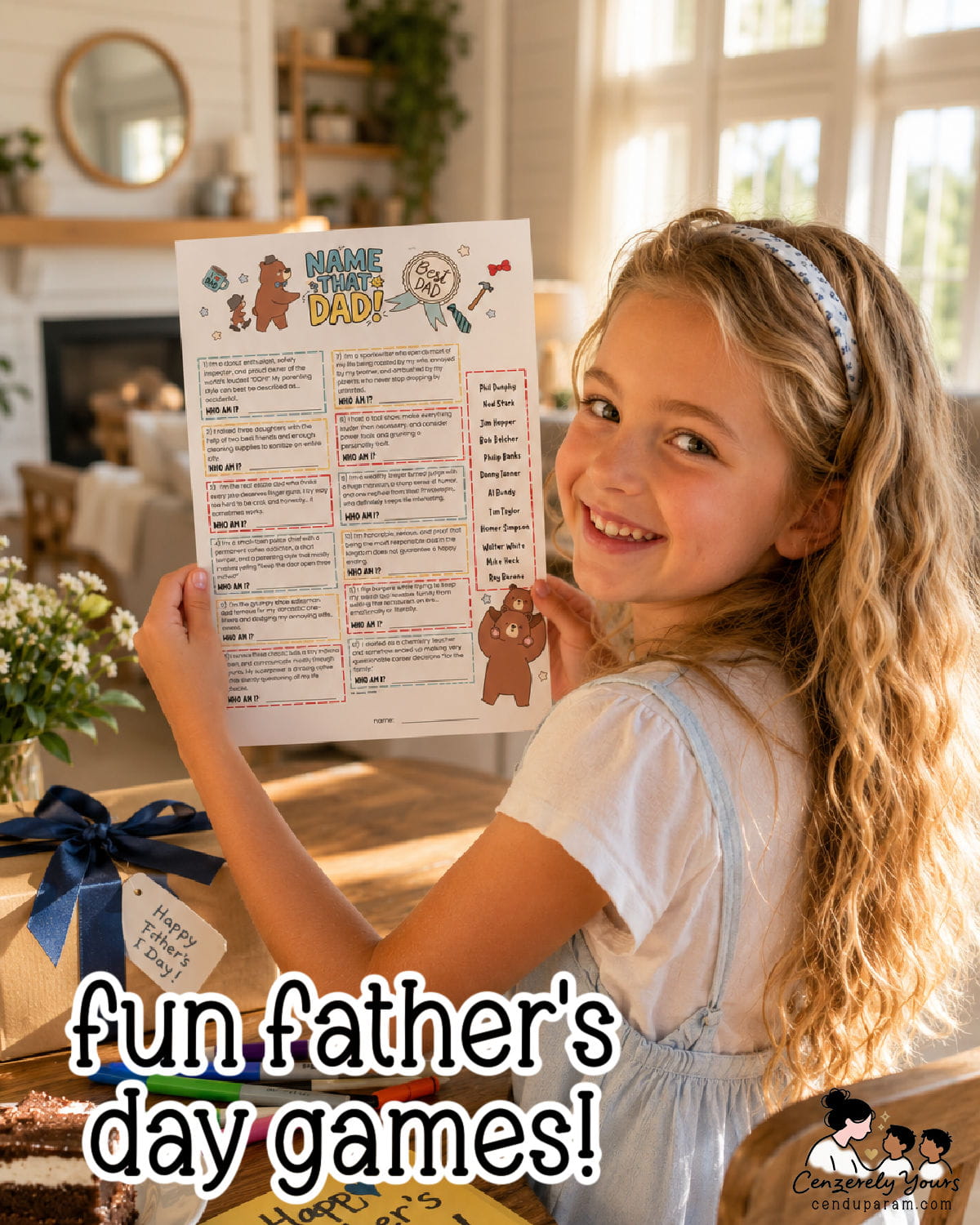a little girl is holding up a father's day trivia quiz and smiling