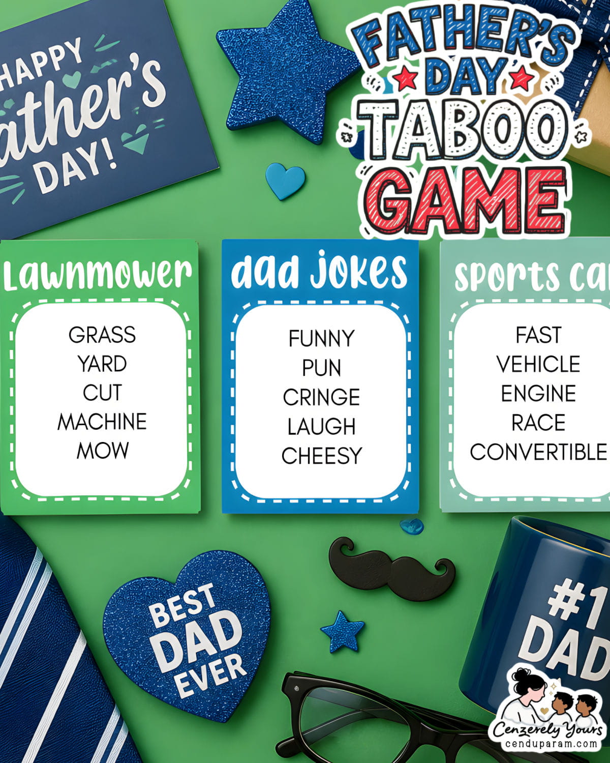 father's day party game printable flat lay image on green festive father's day background