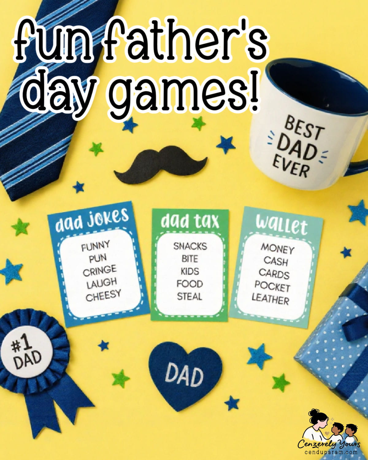 a flat lay of father's day theme taboo game cards on a yellow flat lay backgrond with dad themed decor