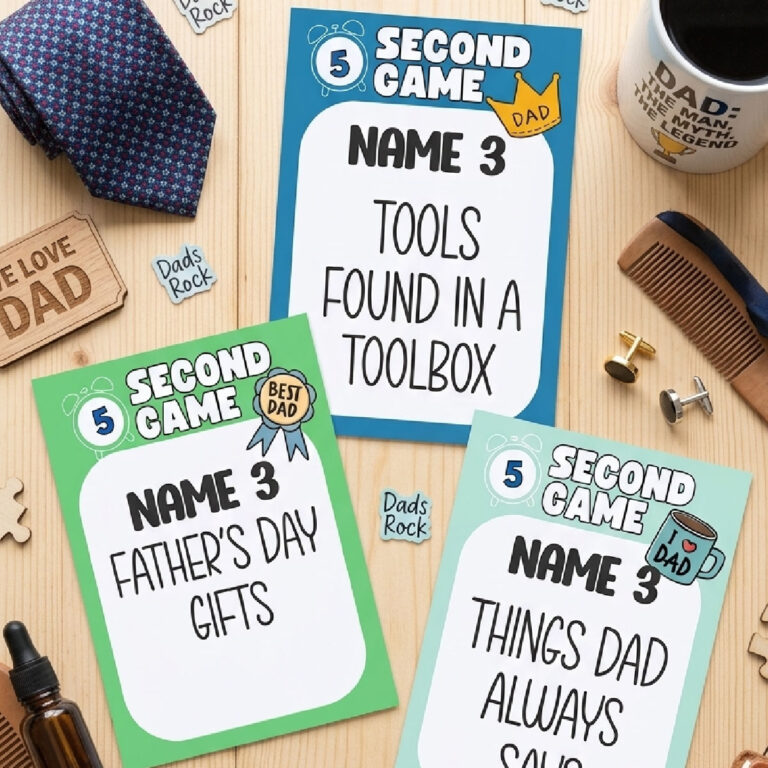 father's day game cards flat lay on wooden background with cute accesories