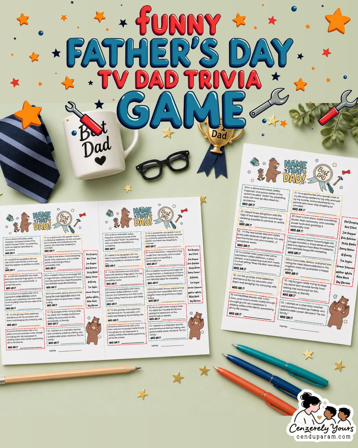a flat lay shows father's day trivia game: full page and 2 per page option
