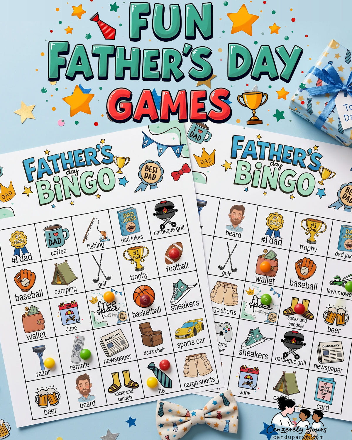 cute festive flat lay of father's day printable games