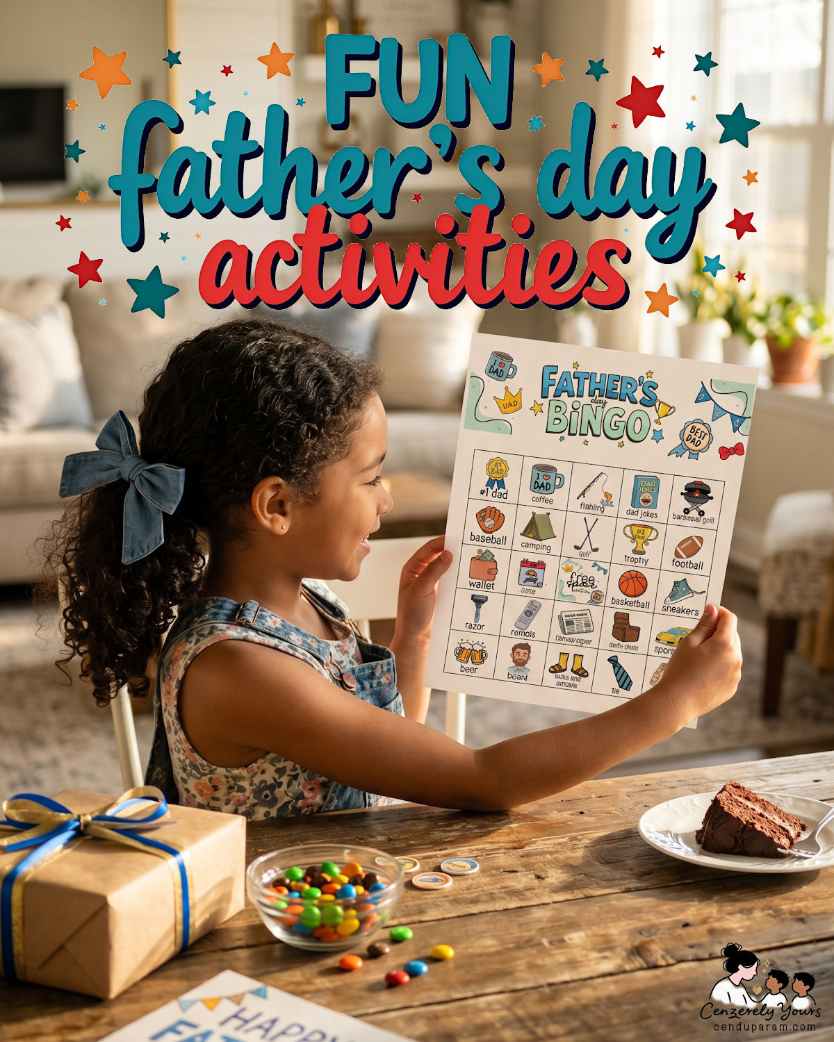 a child is holding up a Father's Day bingo game card at her desk