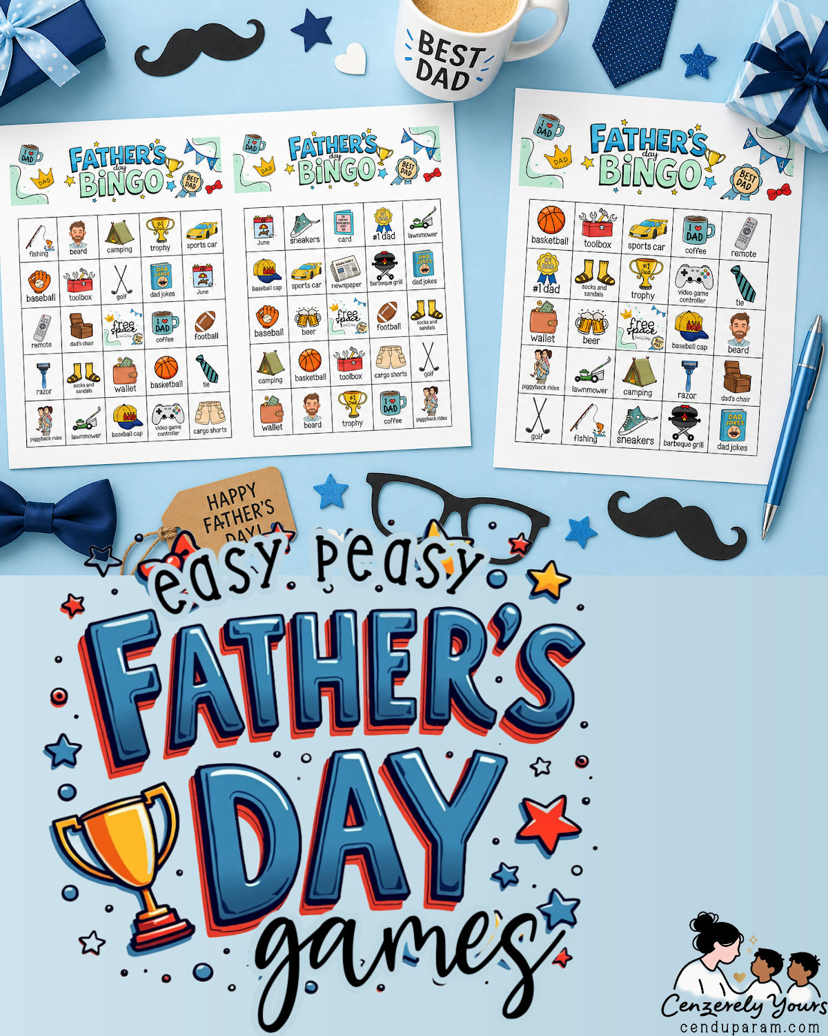 flat lay of father's day bingo game cards, full page and 2 per page options