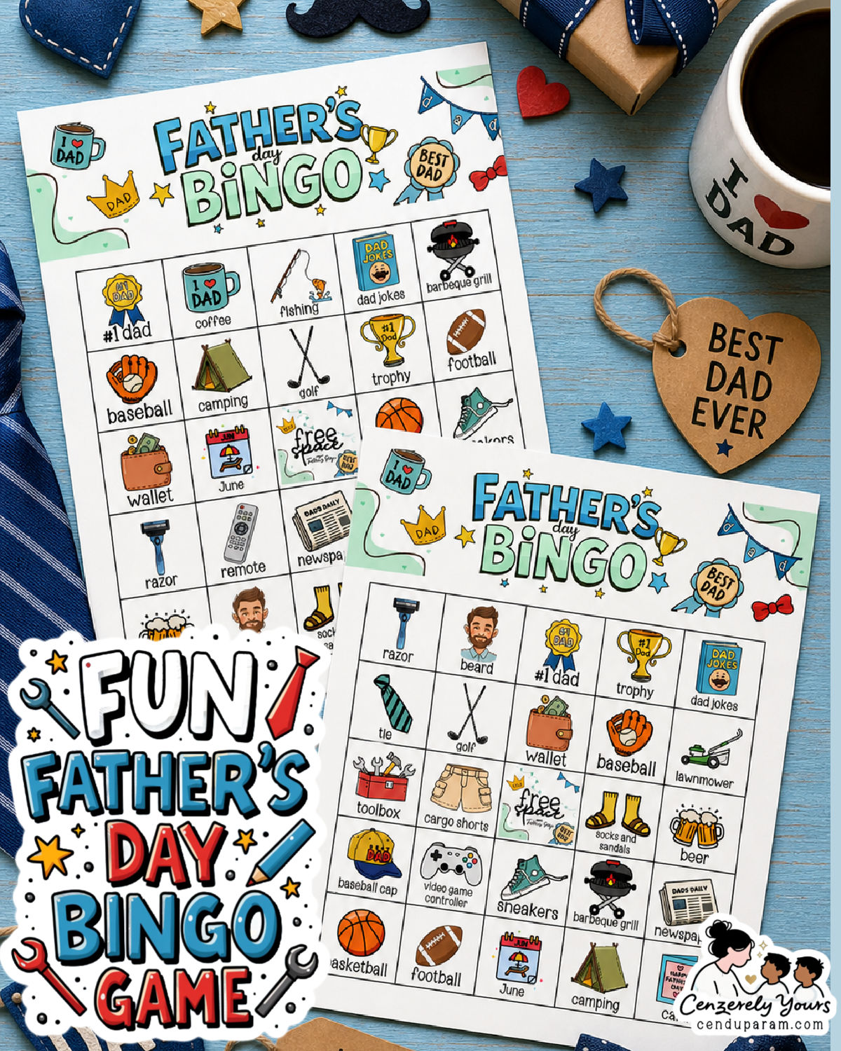 flat lay of father's day bingo game cards on blue background with dad themed decor