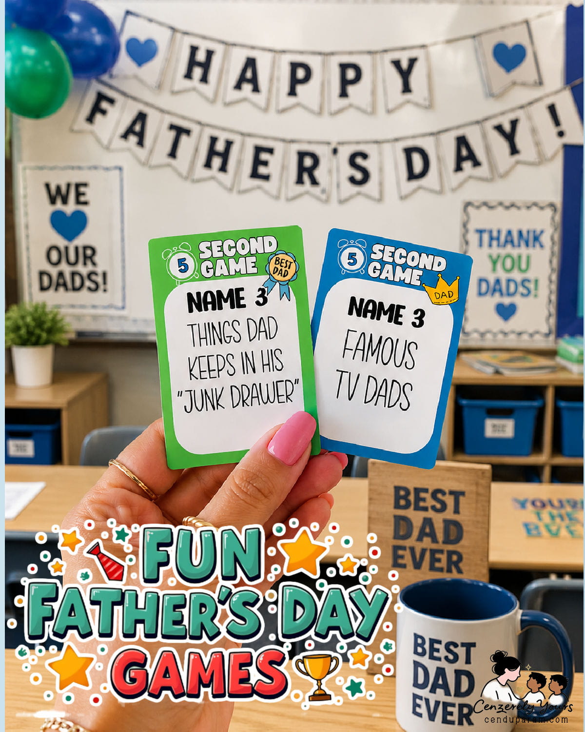 a teacher's hand is holding up the father's day game cards in the classroom