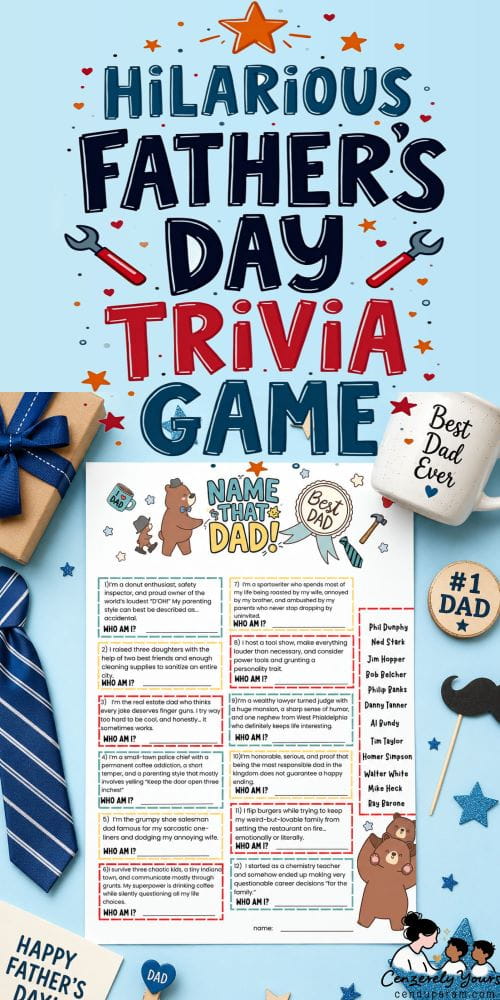 a flat lay of a fun Father's Day trivia game along with some father's day themed accesories on blue background