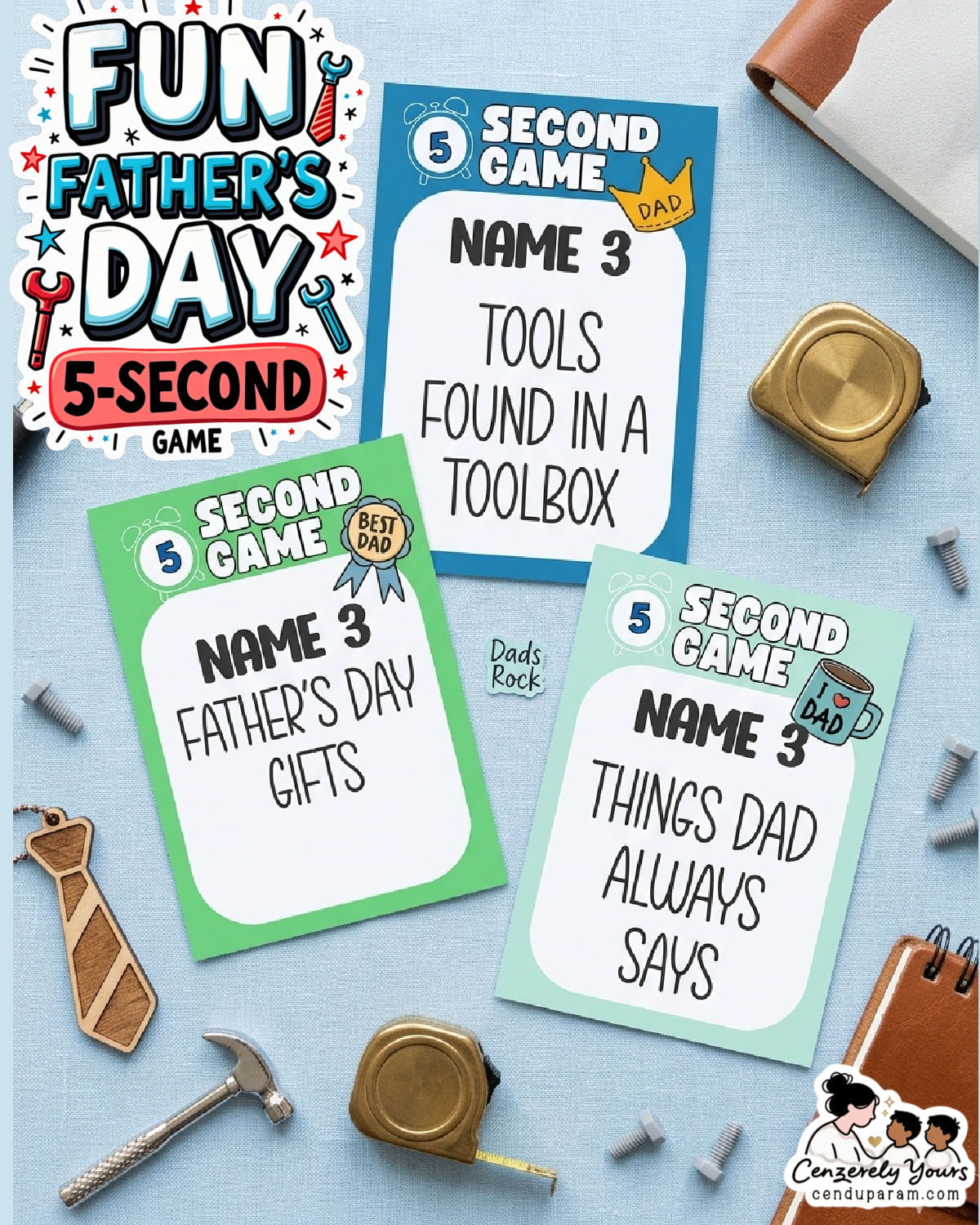 cute flat lay of father's day 5 second rule game on blue background