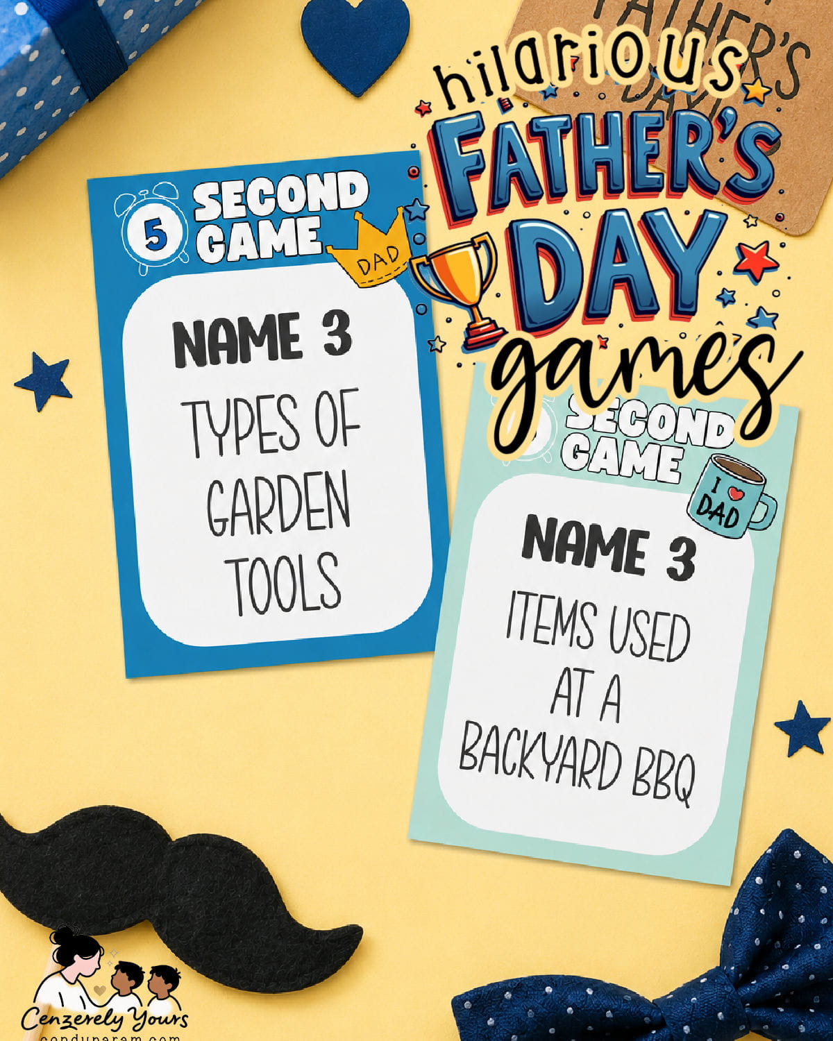 cute father's day flat lay of 5 second game cards