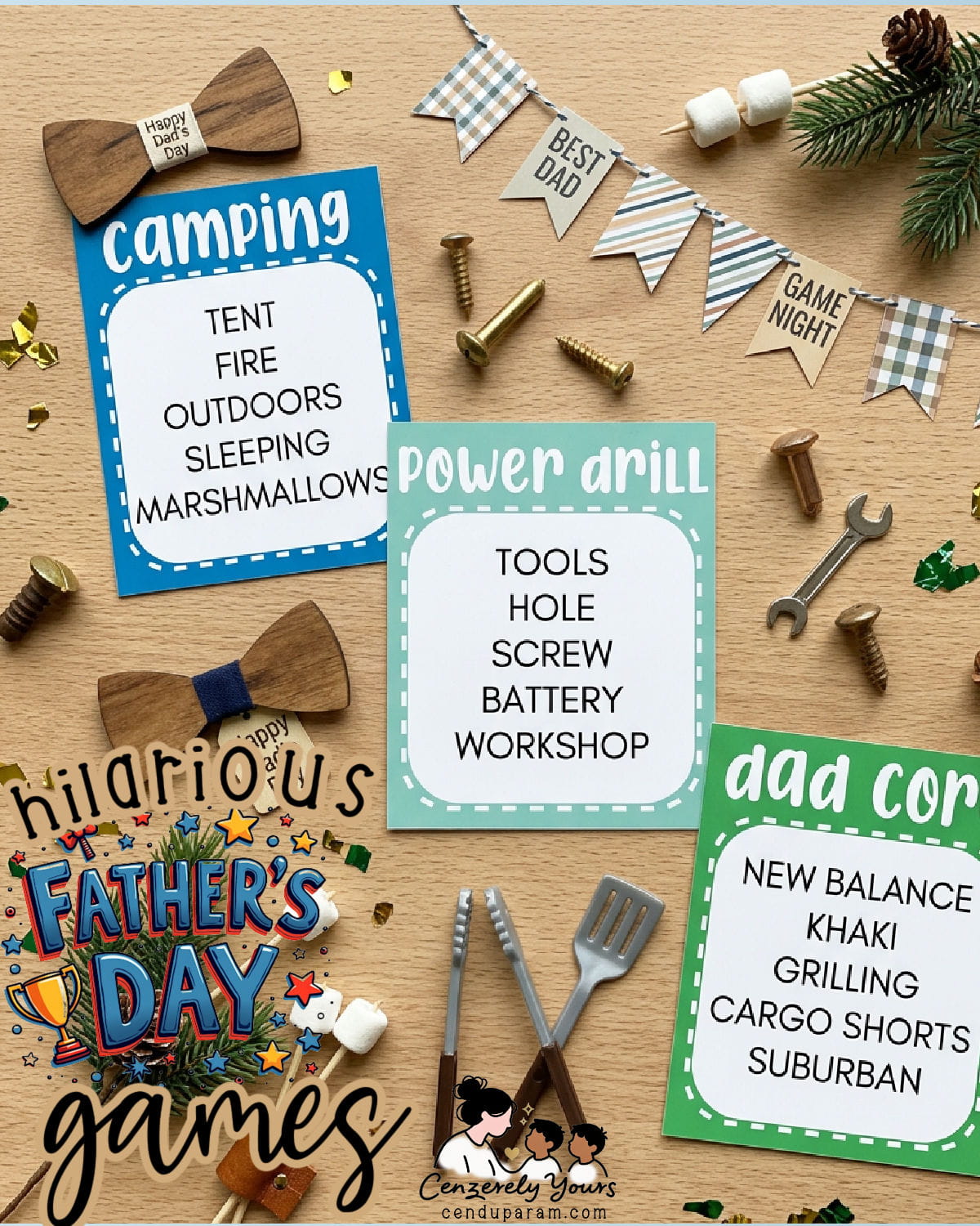 a fun and festive arrangement flat lay of father's day forbidden words game cards on wooden desk