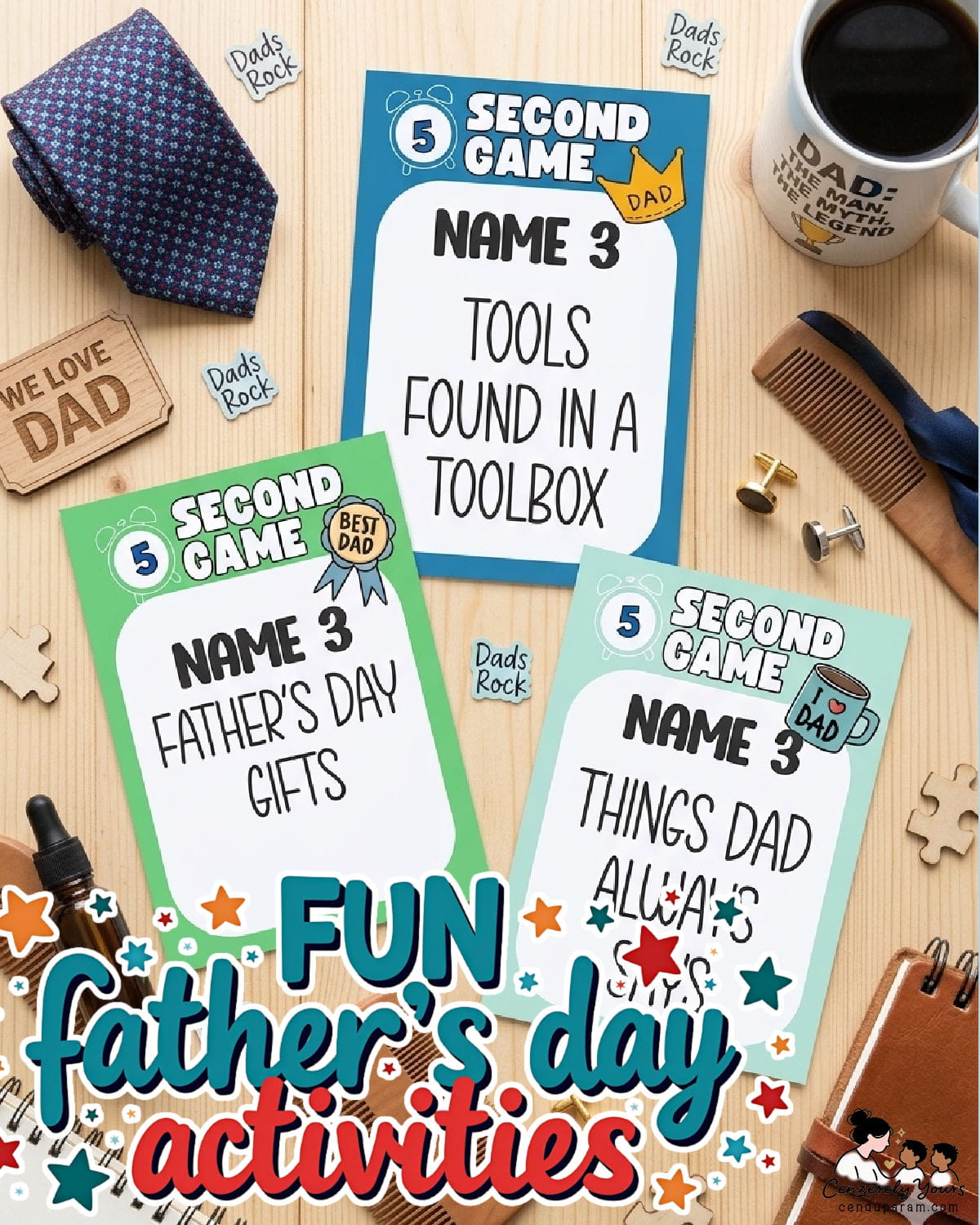 funny father's day game cards on flat lay brown bacground