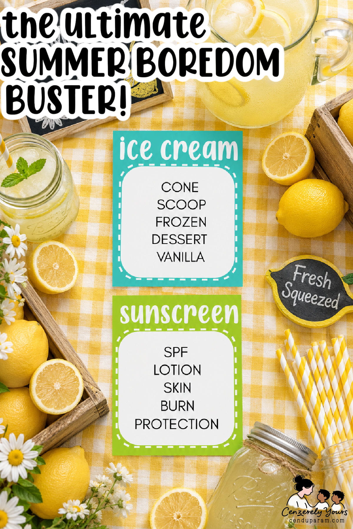 flat lay of summer taboo game cards on yellow gingam sheet with lemons and lemonade