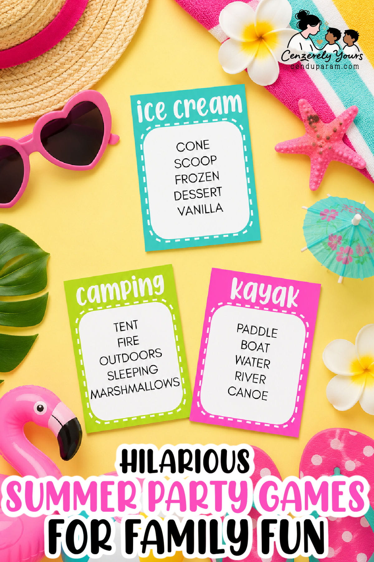 a yellow summer themed flatlay featuring summer themed taboo game cards