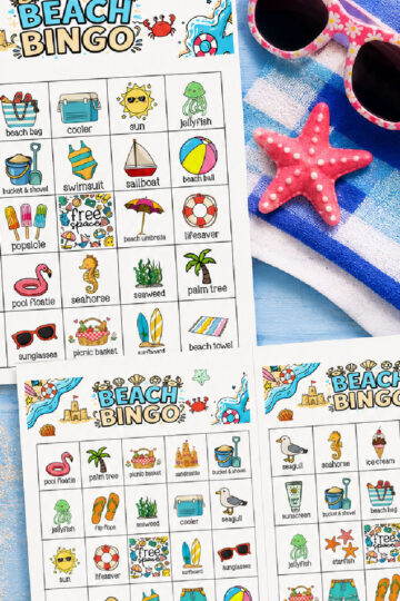 shows beach bingo full sized game card and 2 per page game cards