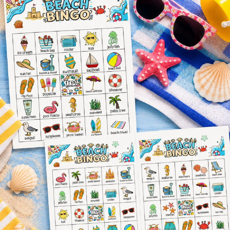 shows beach bingo full sized game card and 2 per page game cards