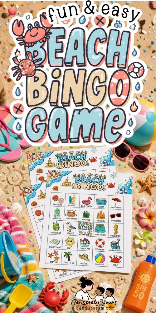 summer themed sandy beach flat lay of beach themed bingo game cards