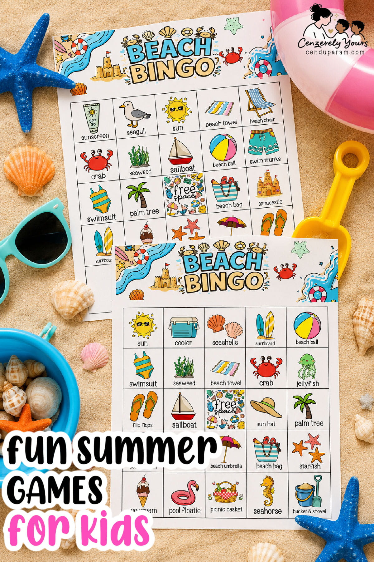 cute beach bingo game cards flat lay