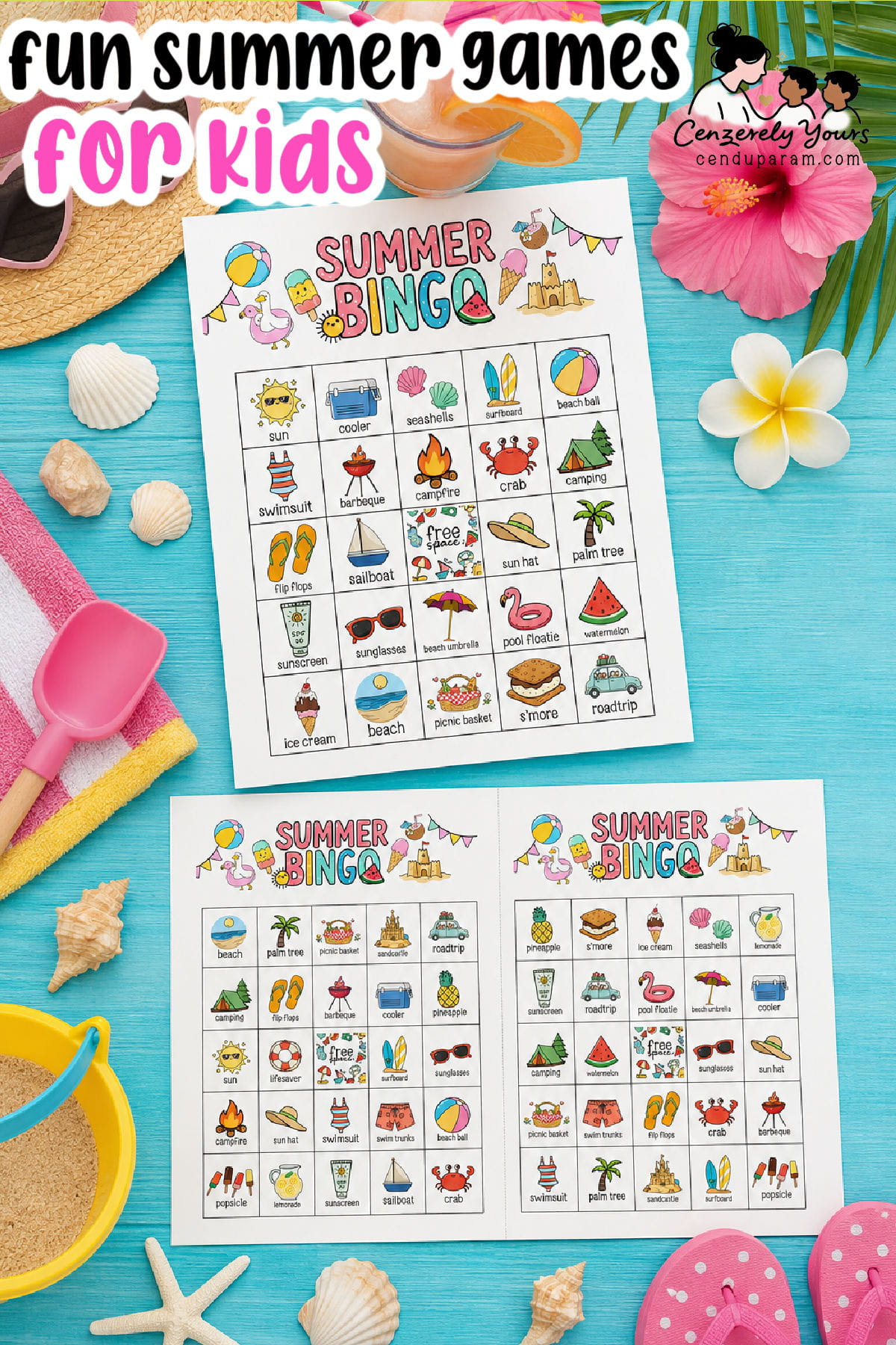 fun flat lay showing summer bingo game card sizes: full page and 2 per page