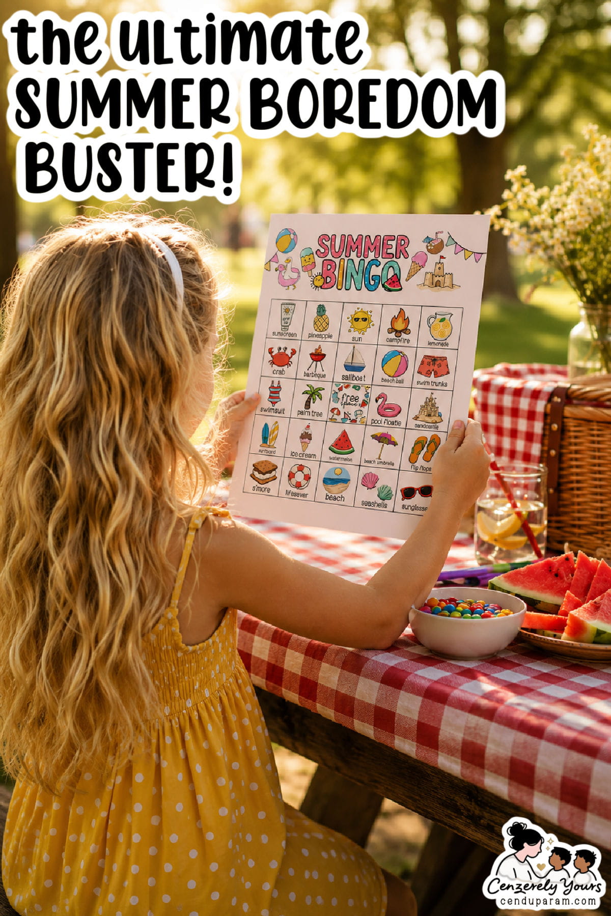 a little girl holds up her summer bingo game card at a picnic table