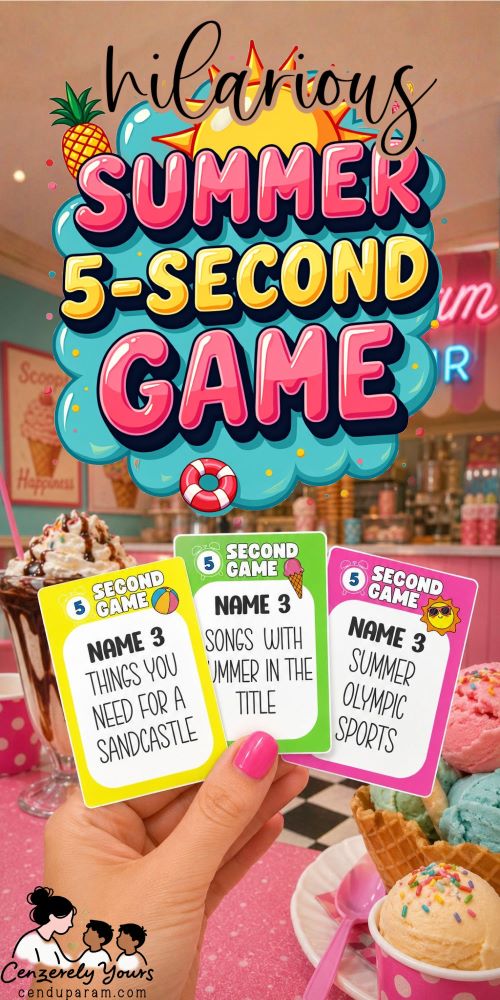 a hand is holding up summer 5 second game cards at the ice cream parlor