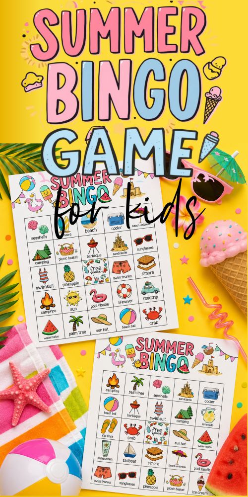 a flat lay of summer bingo cards on yellow background