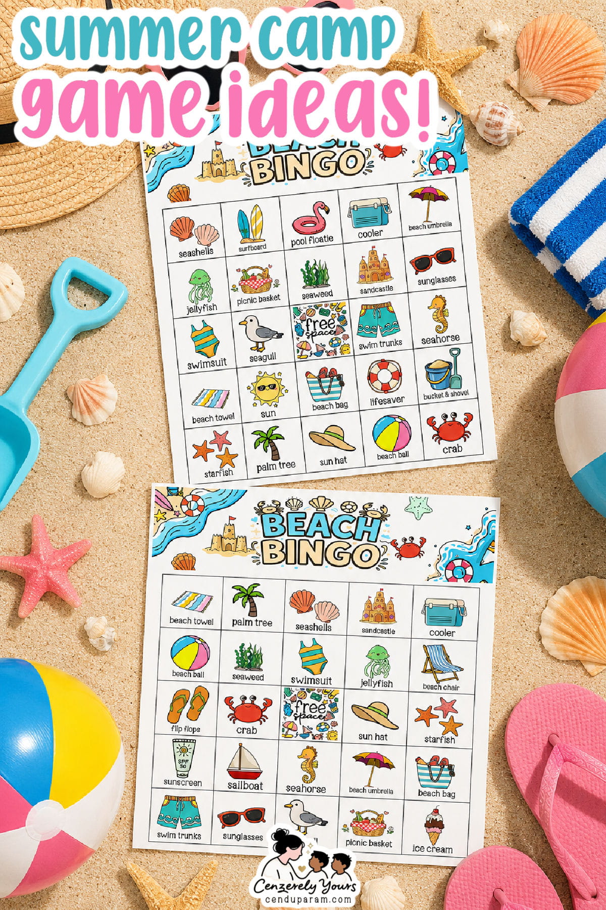 summer bingo game cards beach themed for kids to play on beach themed flat lay
