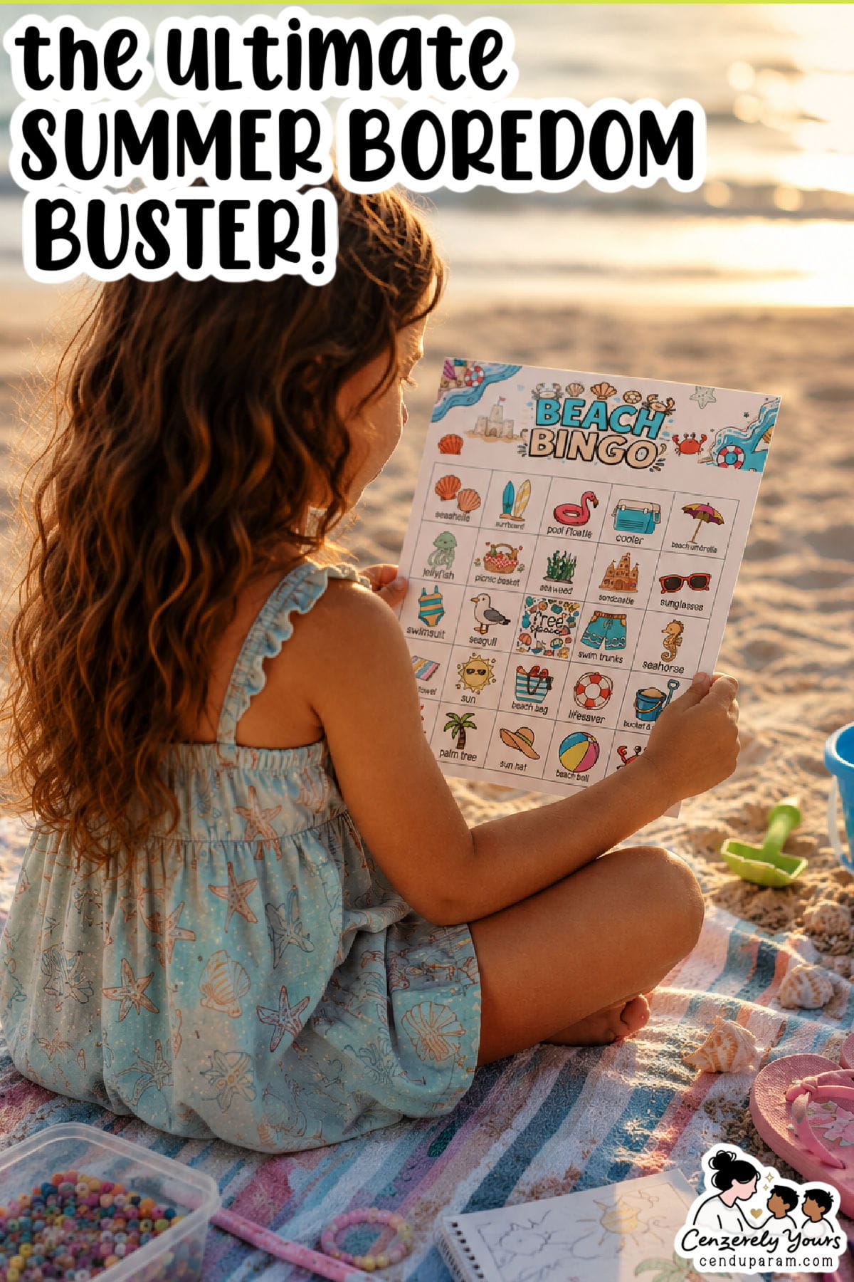 a little girl is sitting at the beach playing beach bingo
