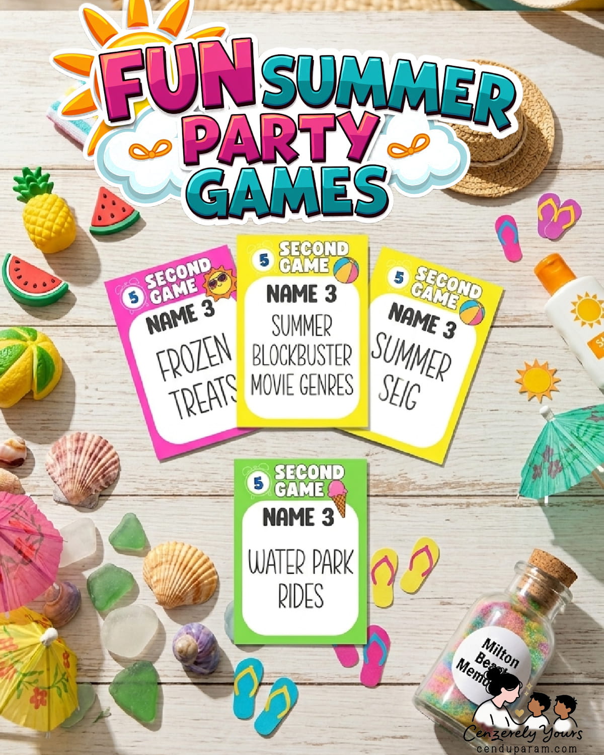 a flat lay of the summer 5 second rule game cards on a wooden table with beachy decor