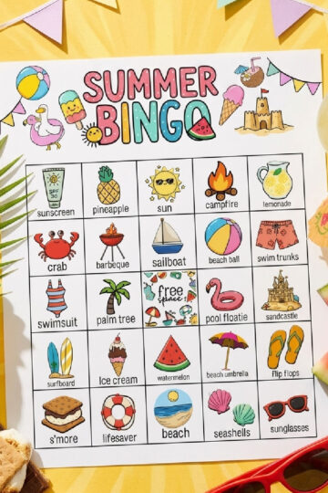 a fun sunny flat lay of a summer bingo game card