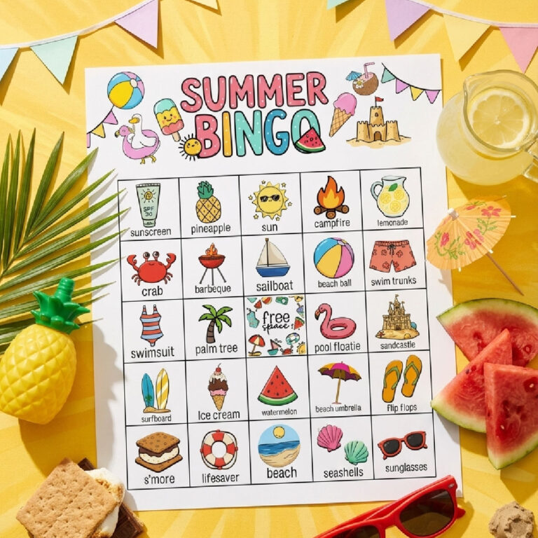 a fun sunny flat lay of a summer bingo game card