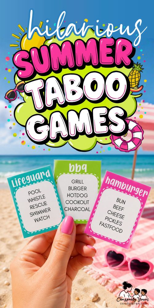 a woman's hand is holding up summer taboo cards at the beach