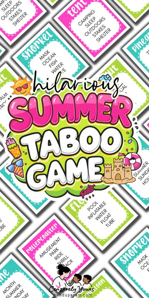a collage of summer taboo cards and title hilarious usmmer taboo game
