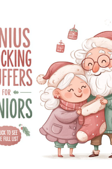 an elderly couple holds a christmas stocking between them