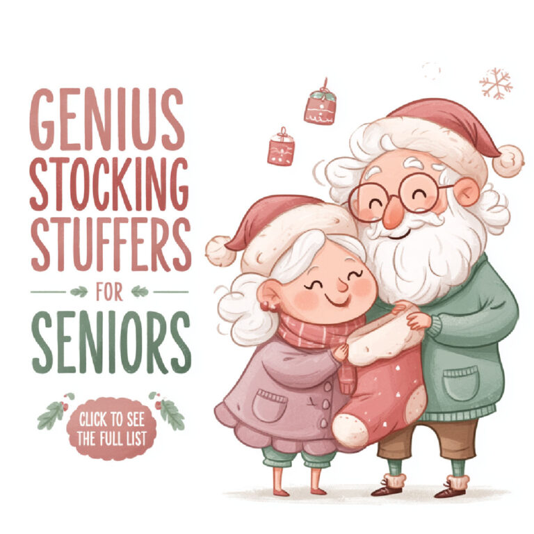 an elderly couple holds a christmas stocking between them