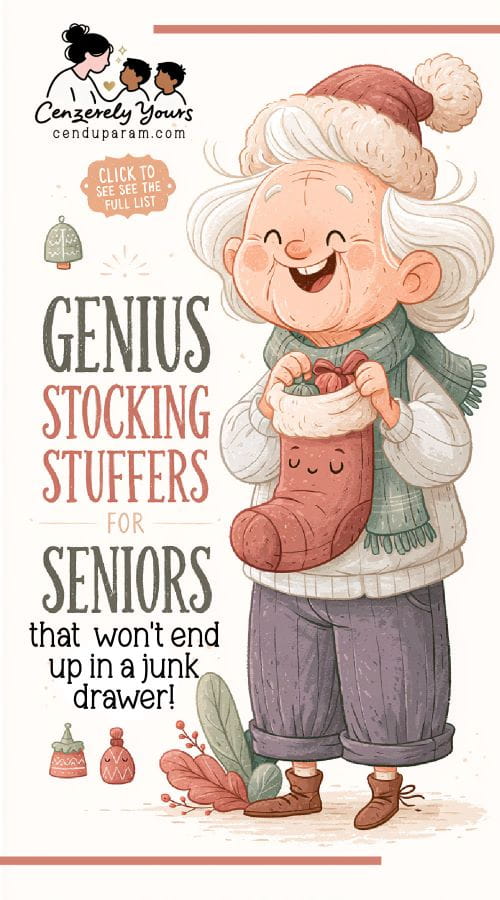 an elderly woman wears a santa hat and is holding a christmas stocking. the title reads: genius stocking stuffers fo senior citizens