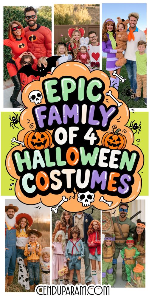 collage of family halloween costume ideas for groups of 4