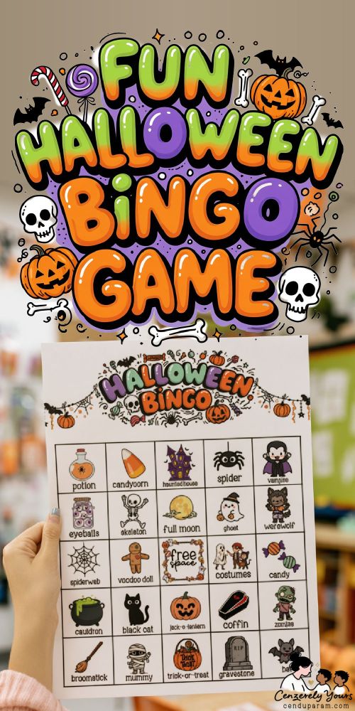 a teacher's hand holds up a Halloween bingo card in the classroom title: fun Halloween bingo game