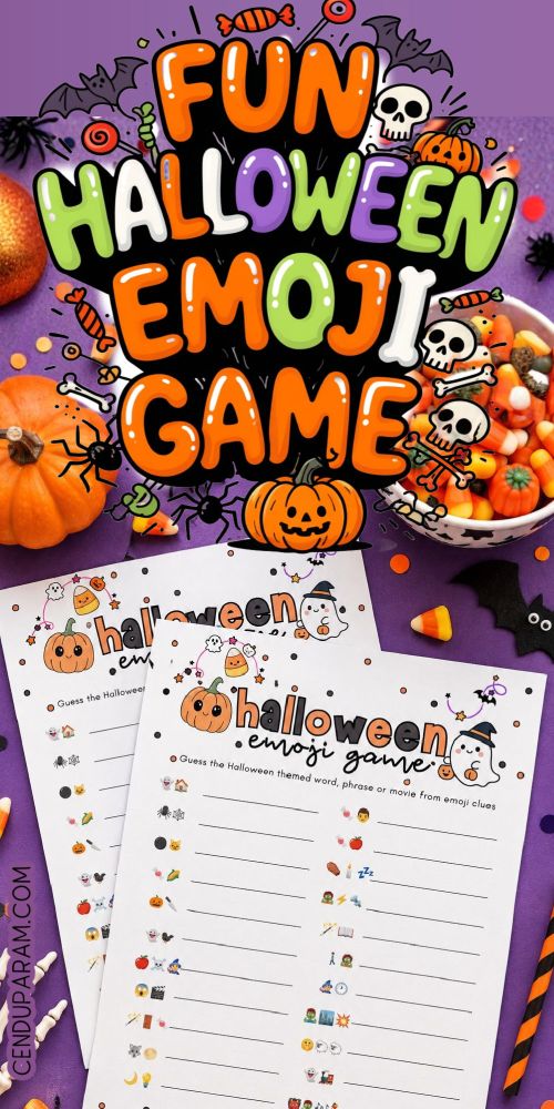 flat lay of Halloween emoji game on purple festive flat lay