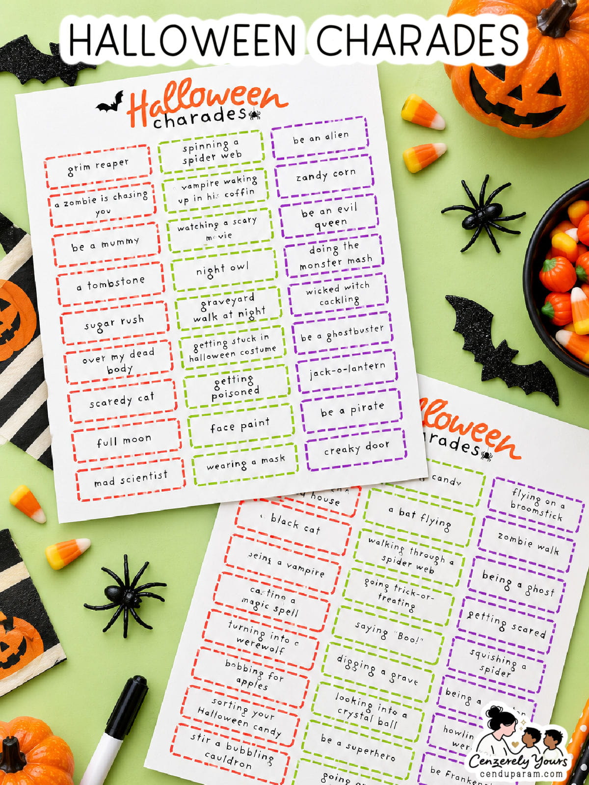 flat lay of Halloween charades cards