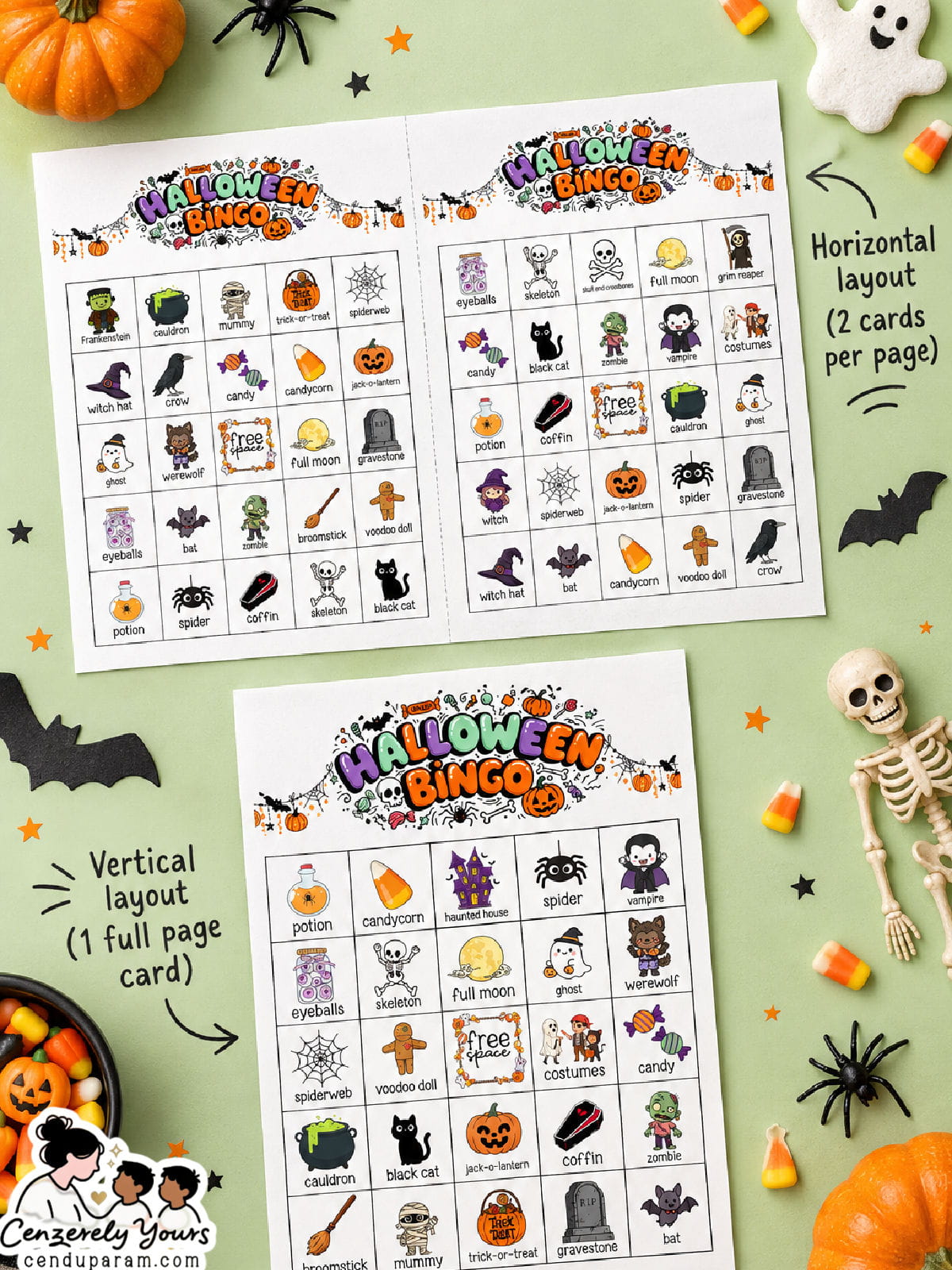 flat lay of Halloween bingo cards on green background