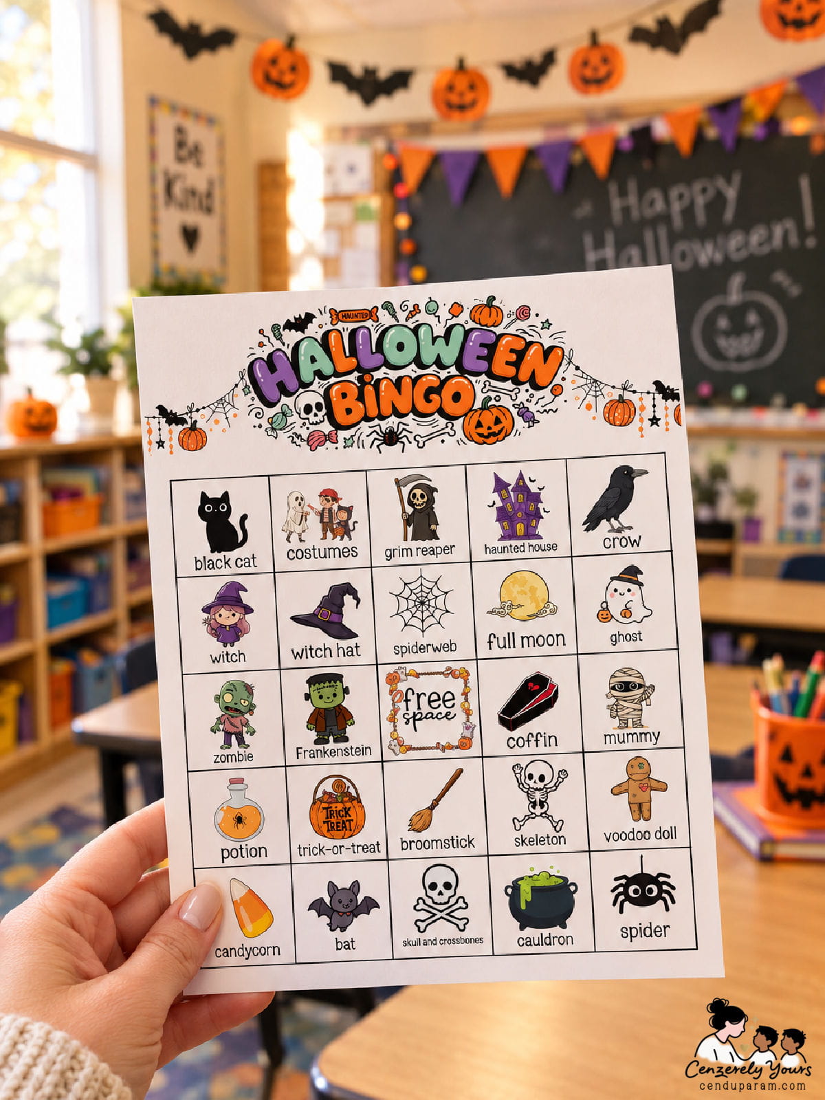 a teacher's hand holds a halloween bingo game in the class