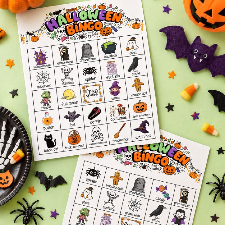 cute and festive Halloween bingo game card flat lay