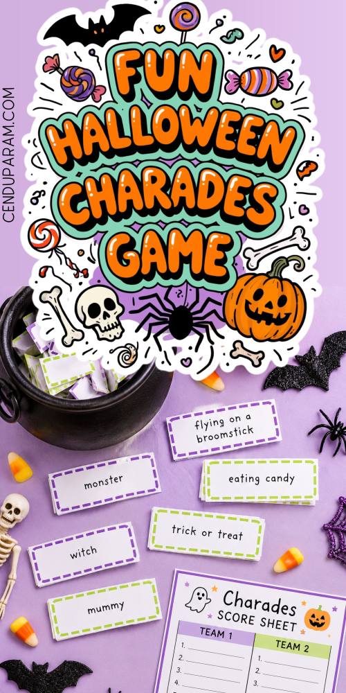 flat lay of halloween charades game