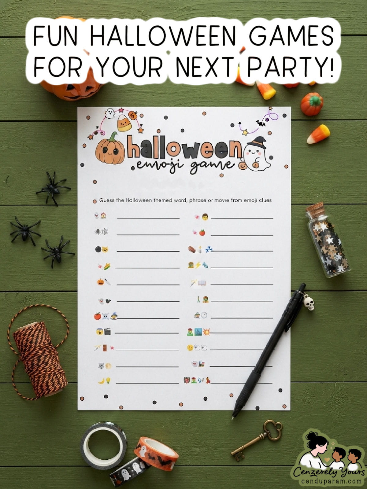 flat lay of halloween emoji game with answers